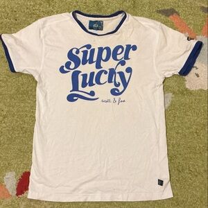 White T-Shirt with Blue Trim and Print